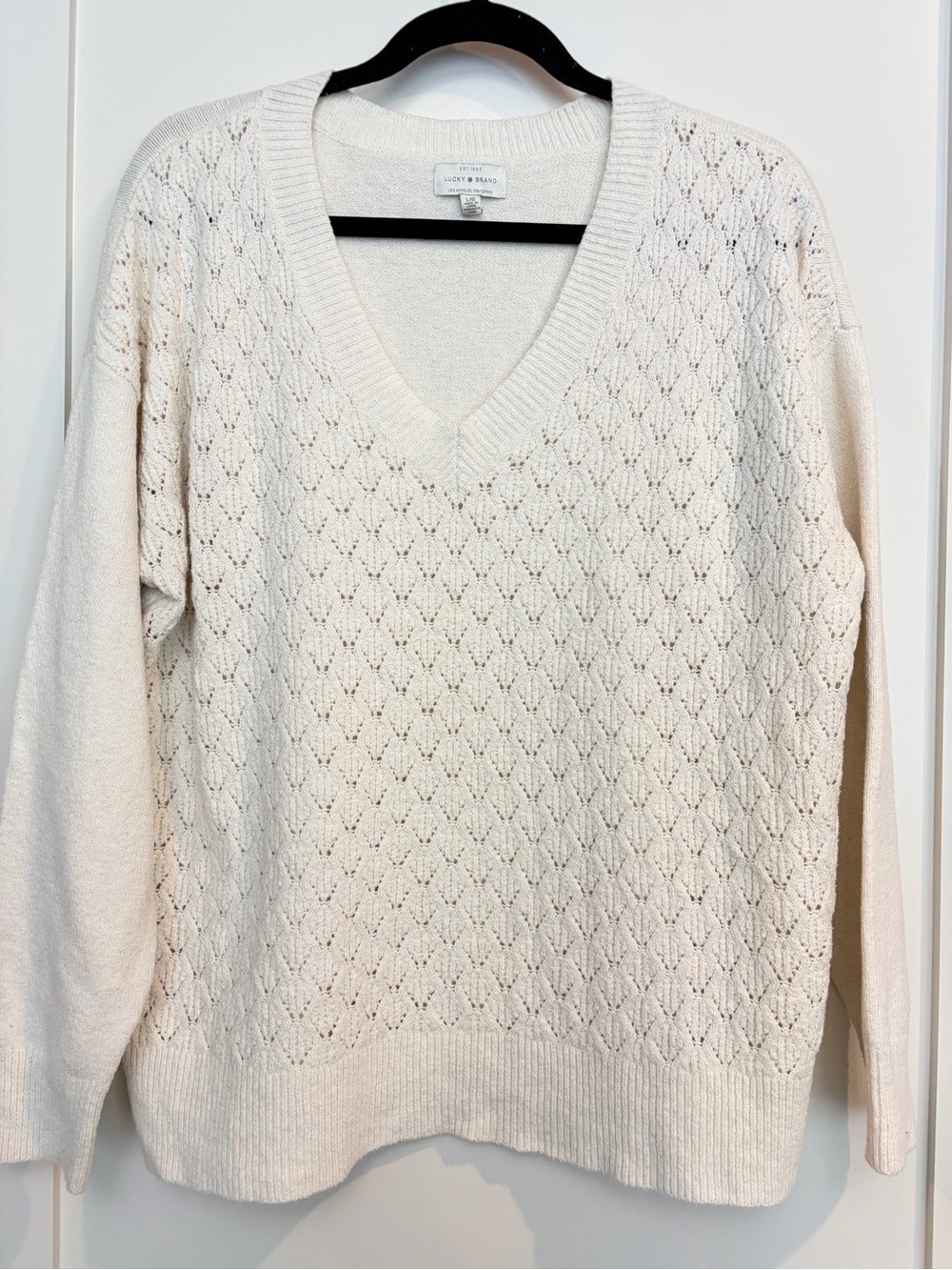 Lucky Brand Cream Pointelle Knit V-Neck Sweater